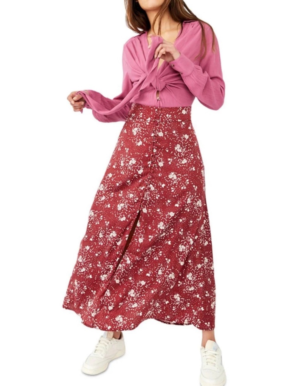 Free People Sammy Button Down Maxi Skirt in Sweet Cranberry